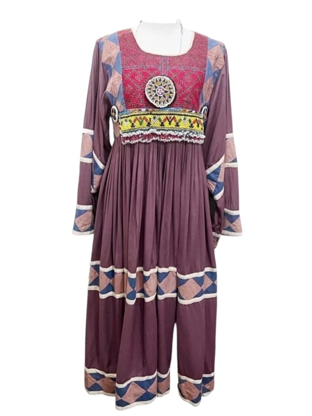 Vintage 1970s Afghan Kuchi Embroidered Beaded Patchwork Bohemian Tribal Dress - Picture 1 of 7